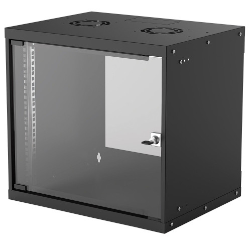 Intellinet 19" Network Cabinet - Wall Mount (Basic), 9U, 400mm Deep, Black, Flatpack, Max 50kg, Usable Depth 340mm, Glass Door, Rack, Parts for wall installation (eg screws and rawl plugs) no