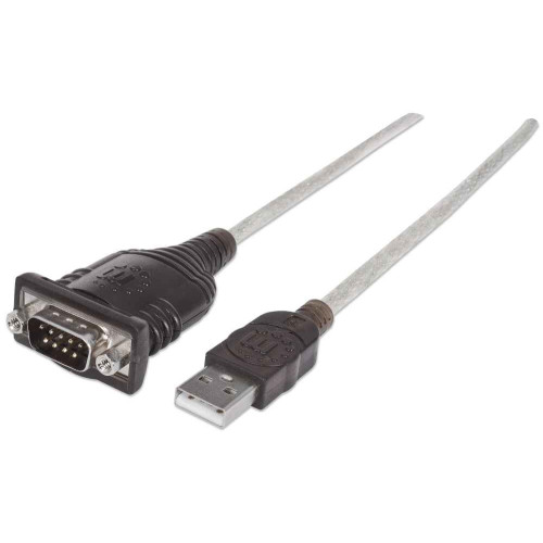 Manhattan USB-A to Serial Converter cable, 1.8m, Male to Male, Serial/RS232/COM/DB9, Prolific PL-2303RA Chip, Black/Silver cable, Three Years Warranty