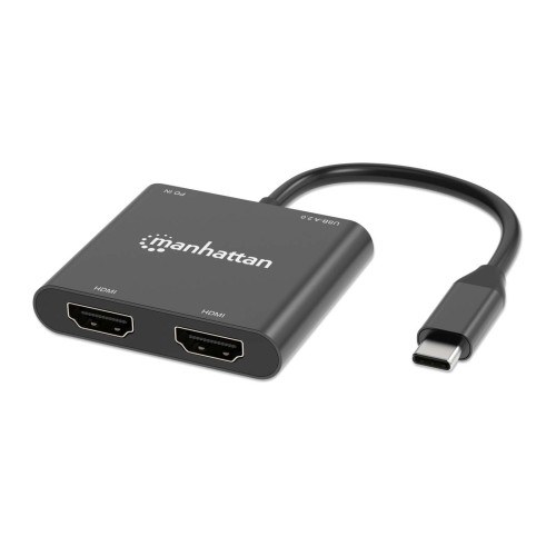 Manhattan USB-C to Dual HDMI & USB-A Adapter, Dual 4K@30Hz or Single 4K@60Hz, Power Delivery 100W, 480 Mbps (USB 2.0), Cable 15cm, Black, Male to Female, Three Year Warranty - 154321