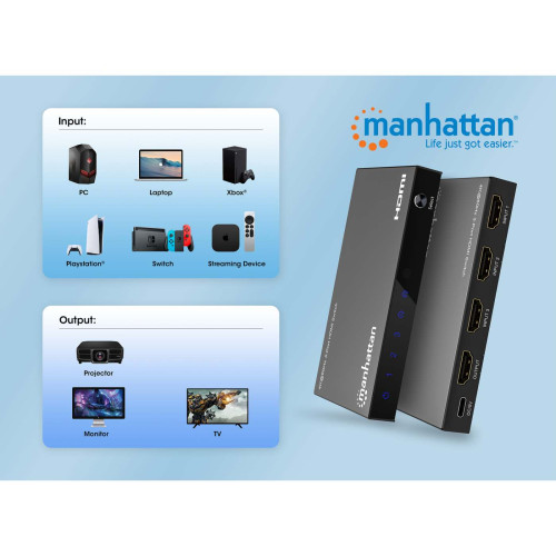 Manhattan 4K@60Hz 3-Port HDMI Switch, Switches Between Three HDMI Inputs on One HDMI Output (3x1), 18G, Automatic and Manual Switching, IR Remote Control, Black - 208222