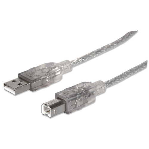 Manhattan USB-A to USB-B Cable, 3m, Male to Male, Translucent Silver, 480 Mbps (USB 2.0), Hi-Speed USB, Lifetime Warranty, Equivalent to USB2AA2M (except colour).
