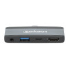 Manhattan USB-C Travel Dock/Hub, Ports (x4): HDMI, USB-A, USB-C and 3.5mm audio, With Power Delivery (100W) to USB-C Port, Black/Space Grey, External Power Supply Not Needed, All Ports can be